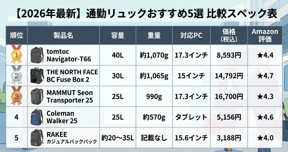 【2026年最新】通勤リュックおすすめ5選の比較スペック表。順位、製品名(コールマン、ノースフェイスなど)、容量、重量、対応PC、価格、Amazon評価を一覧にしたイラスト図解。