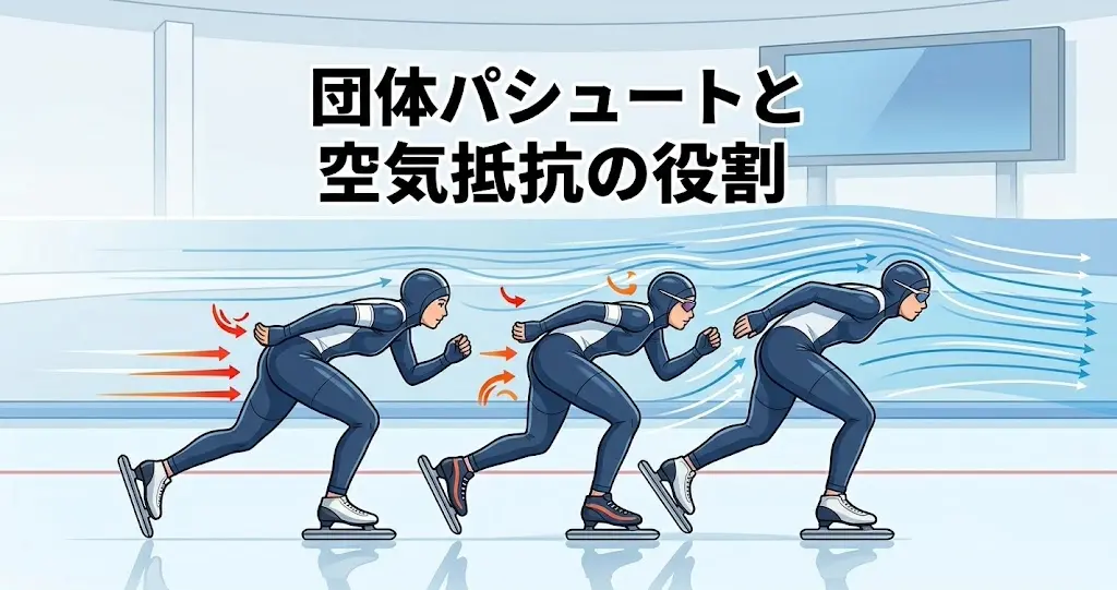 スピードスケート団体パシュートにおける空気抵抗と小柄な選手の役割を示す図解