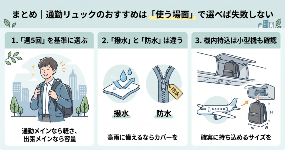 まとめ|通勤リュックのおすすめは「使う場面」で選べば失敗しない、という記事の要点をまとめたイラスト図解。「週5回」を基準に選ぶ(軽さvs容量)、「撥水」と「防水」の違い(カバーを)、機内持込は小型機も確認、の3点を解説。