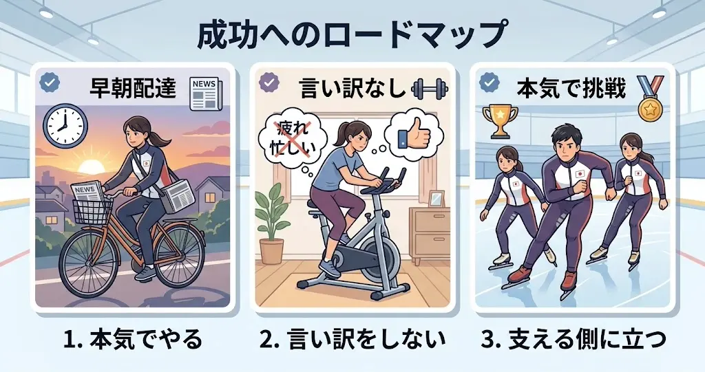 言い訳をしない・本気でやる・支え合うという高木家の3つの家庭方針を表すイラスト