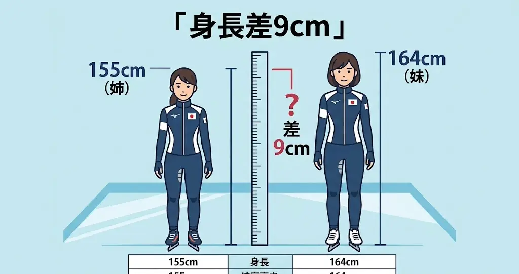 髙木菜那選手155cmと髙木美帆選手164cmの身長差9cmを比較したイラスト図解
