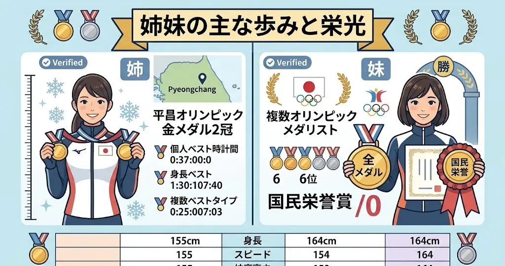 髙木菜那選手と髙木美帆選手の経歴・獲得メダルを比較したイラスト図解
