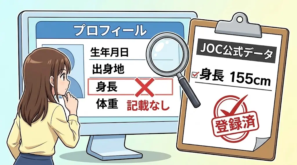 髙木菜那の公式サイトとJOC公式選手データにおける身長記載の比較図解イラスト