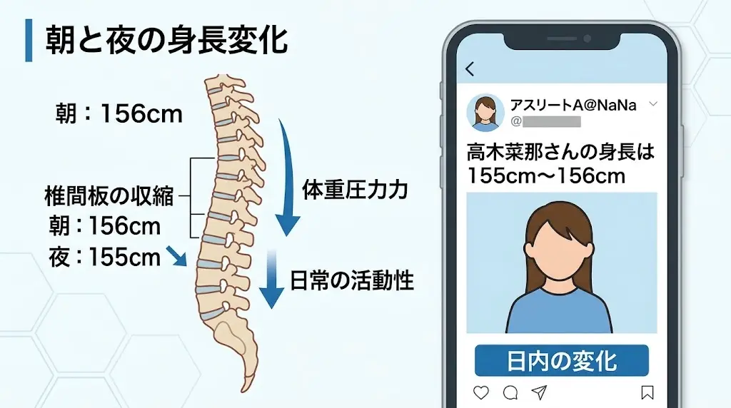 身長が1日の時間帯で1cm前後変化する理由とSNS投稿の155cm〜156cmを説明する解説図