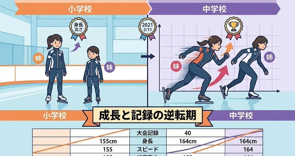 高木姉妹の身長とスケート記録が小中学校時代に逆転した時期を示すイラスト図解