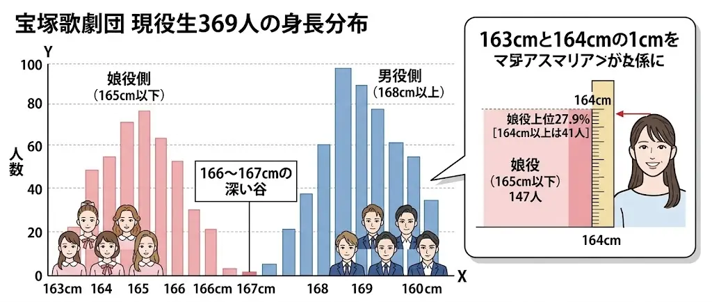 宝塚歌劇団現役メンバー369人の身長分布グラフと娘役(165cm以下)・男役(168cm以上)の境界線図解
