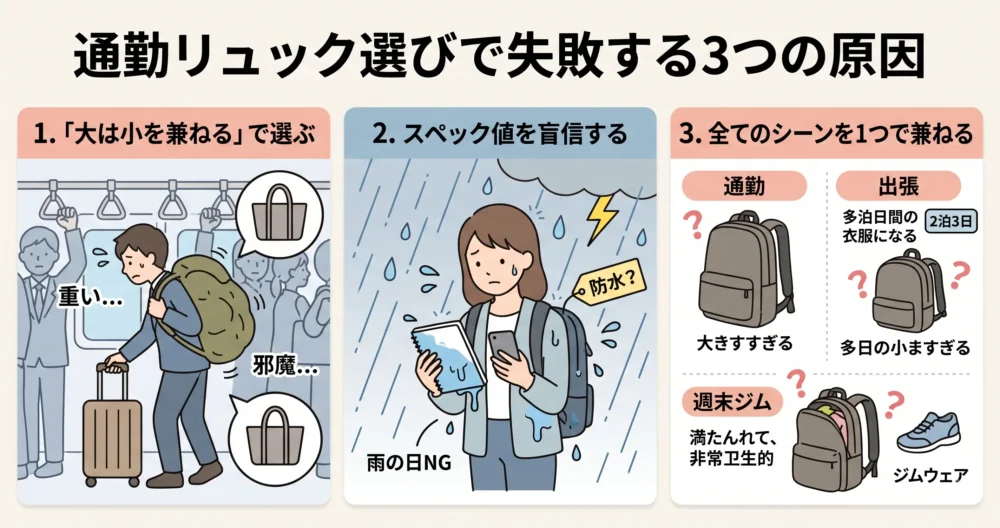 通勤リュック選びで失敗する3つの原因を解説するイラスト。「大は小を兼ねる」で選ぶ、スペックを盲信する、全てのシーンを1つで兼ねる、の3点を図解。