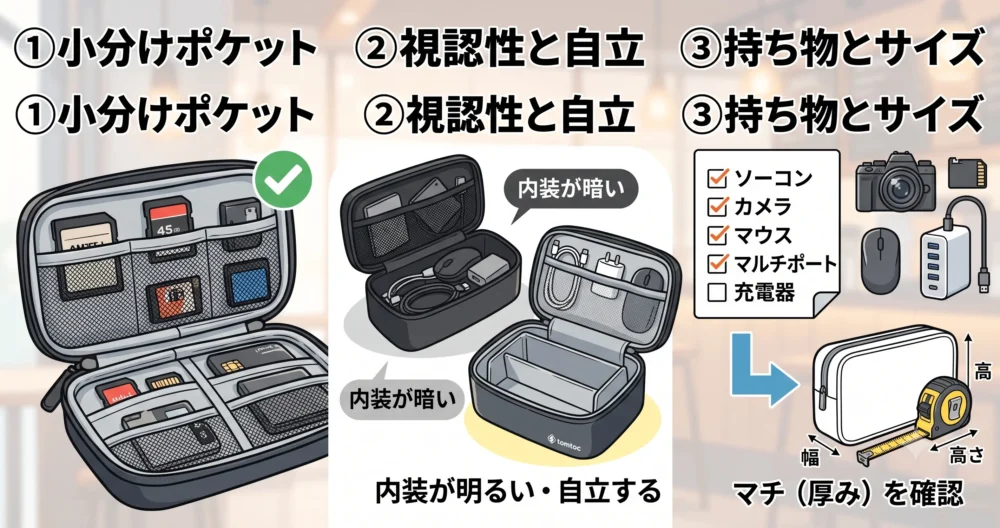 ガジェットが散らかる3つの原因を解説する図解イラスト。①小分けポケットが少ない、②ポーチが自立せず中身が見えない、③持ち物とサイズが合っていない、を表現。ガジェットポーチの選び方の失敗例。