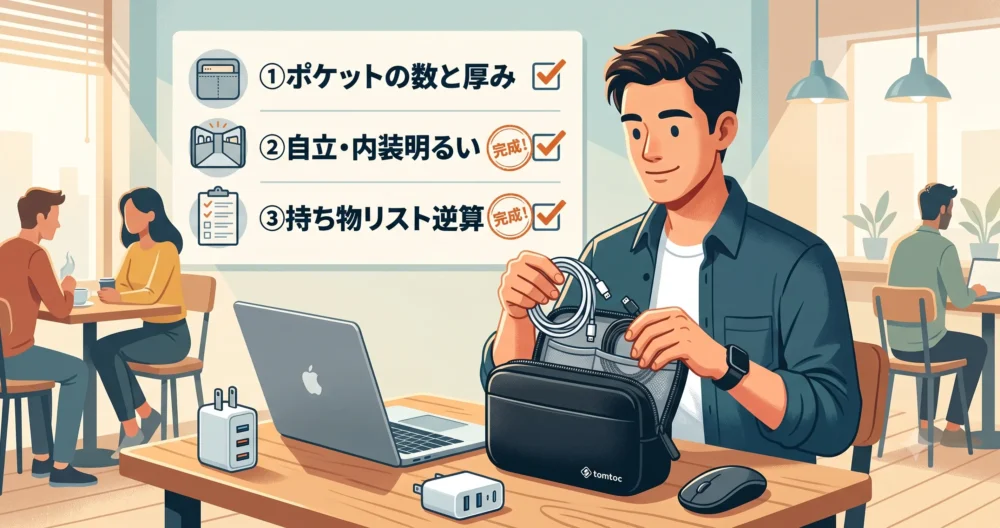 ガジェットの散らかりを止める3つの解決方法の図解イラスト。①ポケット数と厚み、②自立・内装明るい、③持ち物リスト逆算、を表現。効率的なポーチの選び方。