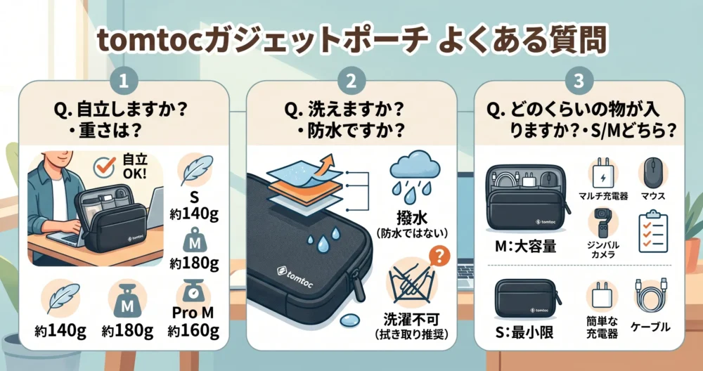 tomtocガジェットポーチのよくある質問を視覚化した図解イラスト。自立・重さ、洗濯・防水、収納力・サイズ選びの疑問にアイコンとイラストで回答。