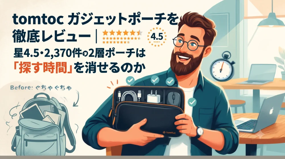 tomtocガジェットポーチのレビュー記事アイキャッチ画像。organizedな2層ポーチと stopwatchで「探す時間を消せる」を表現したイラスト。