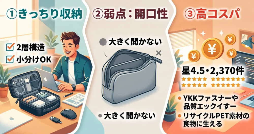 tomtocガジェットポーチのレビューまとめ図解イラスト。①きっちり収納(2層構造)、②弱点(開口性)、③高コスパ(星4.5・2,370件)。organizedなガジェット生活の提案