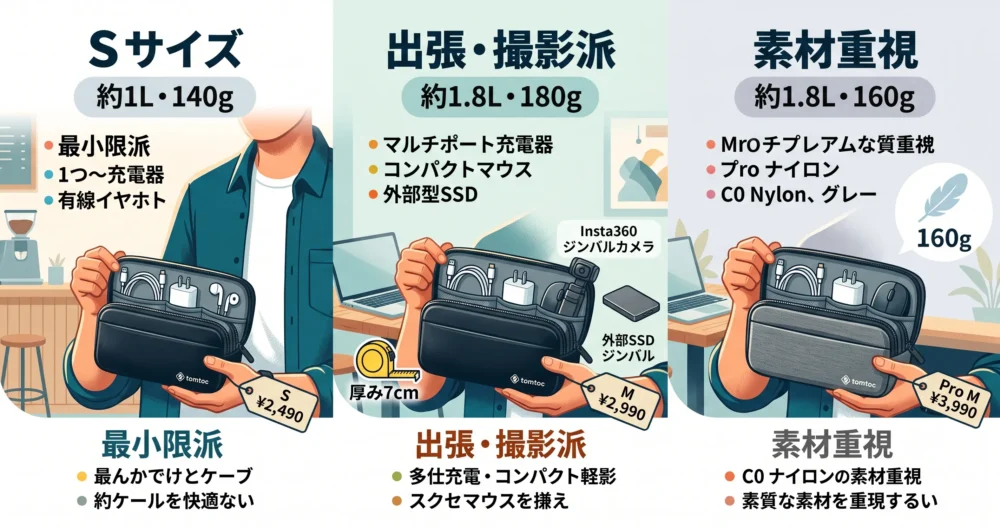 tomtocガジェットポーチのサイズ選びのガイド図解イラスト。Sサイズ(最小限派)、Mサイズ(出張・撮影派)、Pro版(素材重視派)それぞれの容量、重量、適した持ち物を表現。