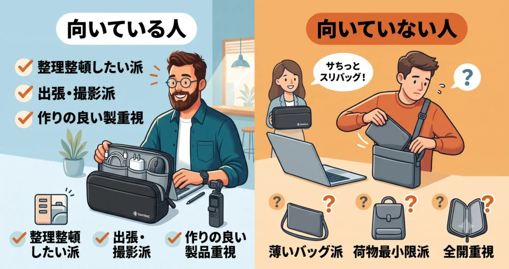 tomtocガジェットポーチがおすすめな人と、別の製品が向いている人の比較図解イラスト。整理整頓したい派、出張派にはおすすめ。薄型希望、最小限派にはフラットタイプを推奨。