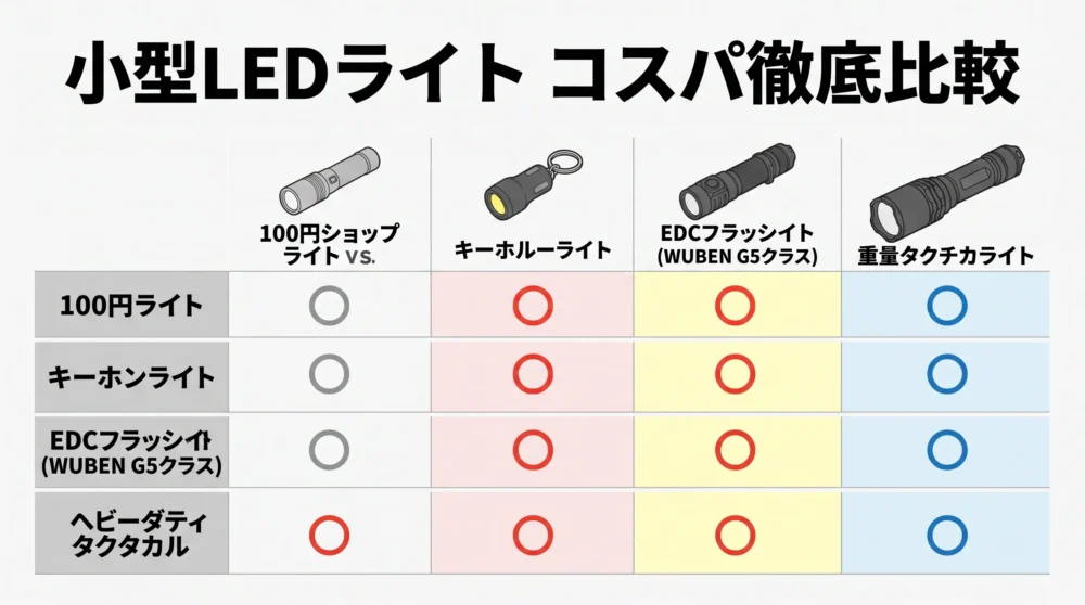 100均ライト・キーホルダー型・WUBEN G5などの価格と性能・防災適性を比較したコスパ分析マトリクス図解