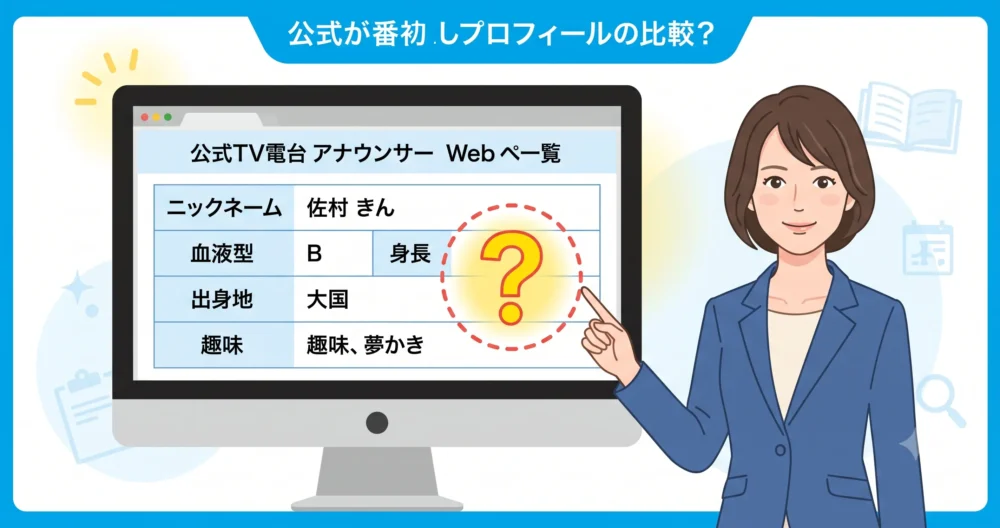 テレビ局のアナウンサー公式プロフィール画面イメージ。身長欄が存在しない項目構造を説明するイラスト図解