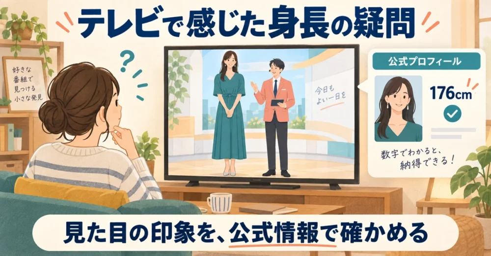 テレビで長身女性と男性芸人が並んだ場面のイラスト