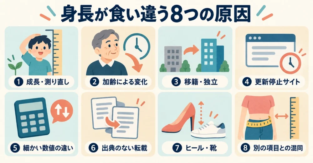 芸能人の身長が食い違う8つの原因の一覧図