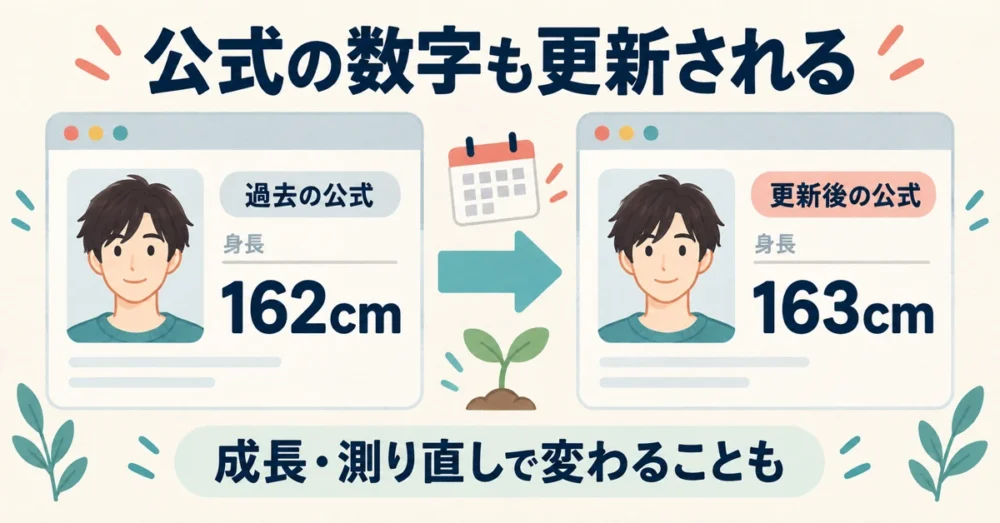 公式の身長が162cmから163cmに変わった例の図