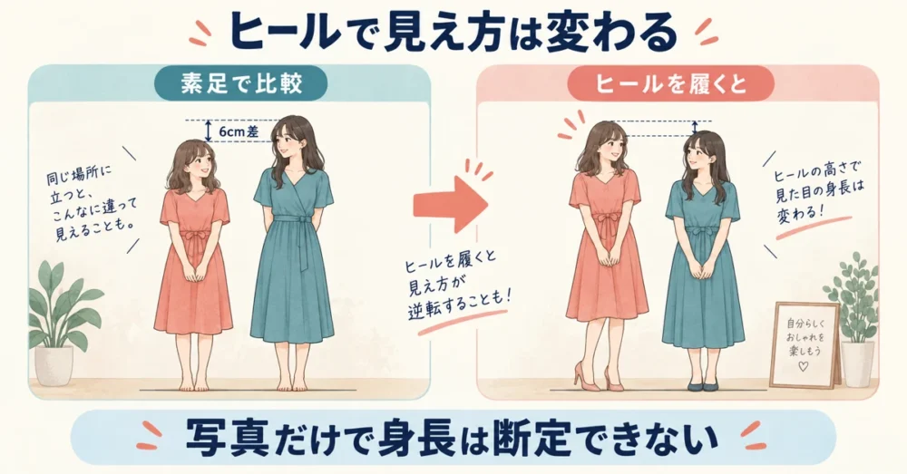 ヒールで身長差6cmが逆転する仕組みの図