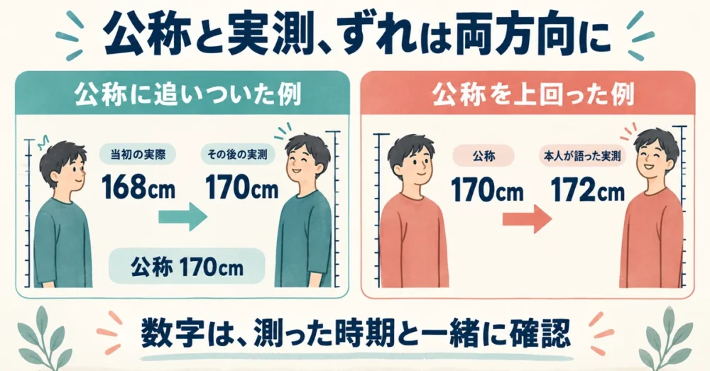 公称と実測が2cmずれた2つの例を比べた図