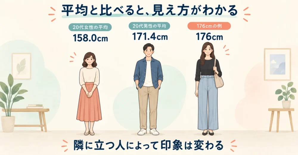 176cmと20代男女の平均身長を比べた図