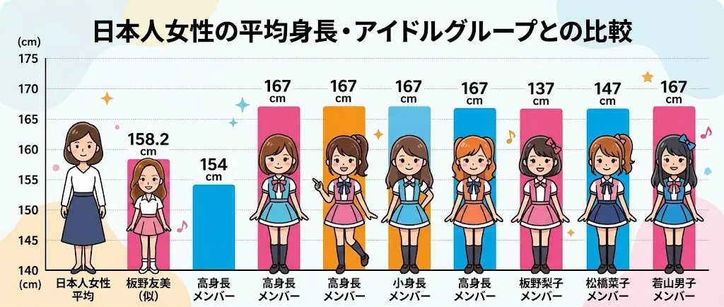 板野友美の154cmと日本人女性平均身長の比較グラフ