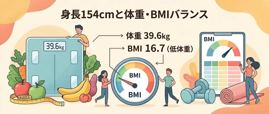 身長154cm・体重39.6kgのBMI16.7を示す図解