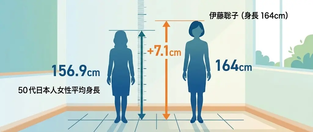 伊藤聡子の身長と50代女性平均156.9cmの差