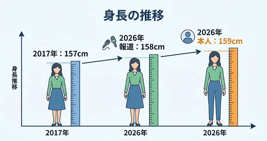 身長の申告が157cmから159cmへ変わった9年間の年表