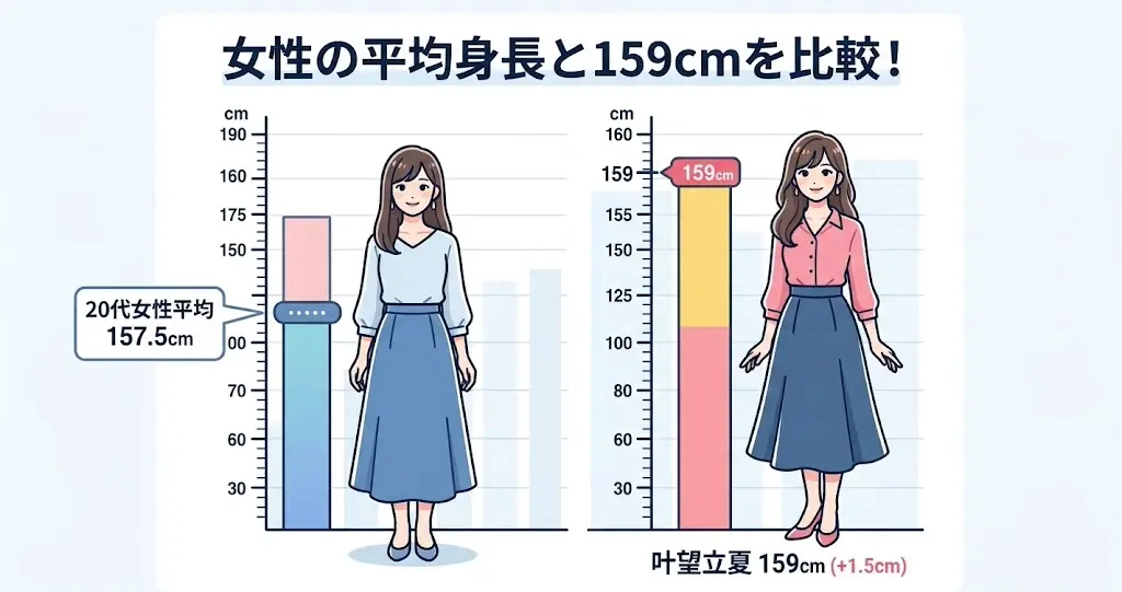 叶望立夏の159cmと日本人女性の平均身長を比べた図