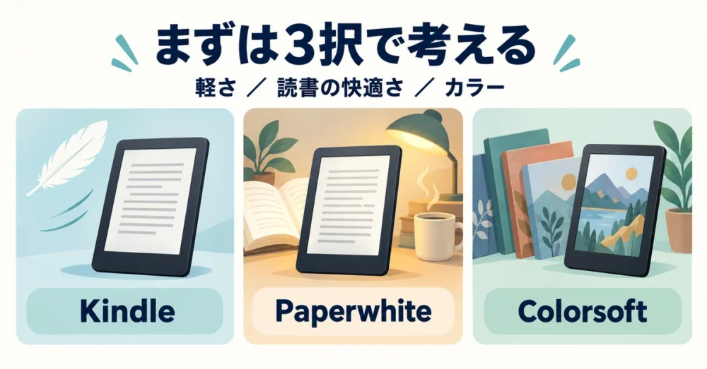 読書スタイル別に3機種へ絞り込む選び方の図