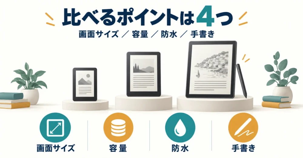Kindle端末おすすめ比較の4つの軸を示した図