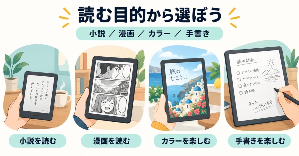 Kindle端末おすすめを読書目的別に選ぶ図