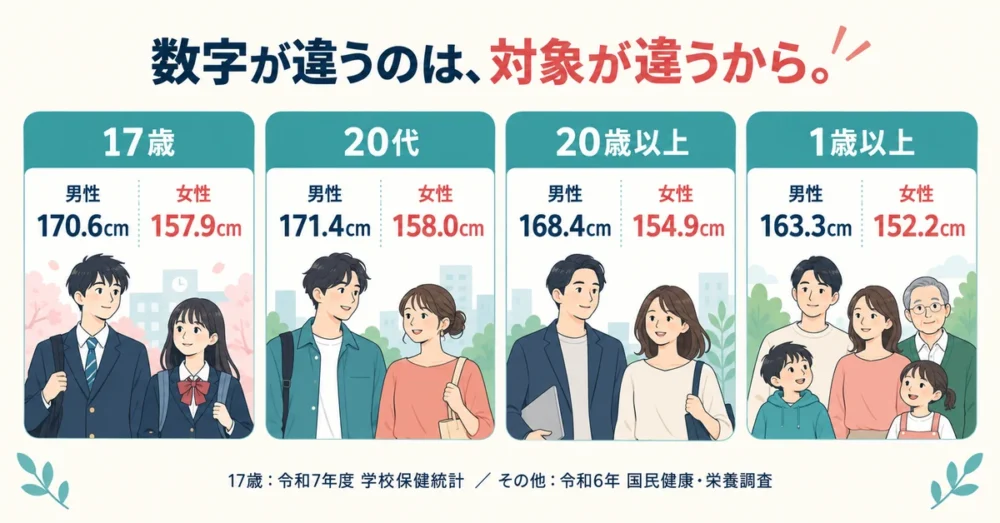 日本人の平均身長 4つの数字と出典の違い