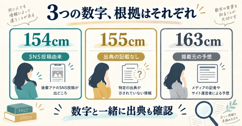 154cm・155cm・163cmを並べた比較図