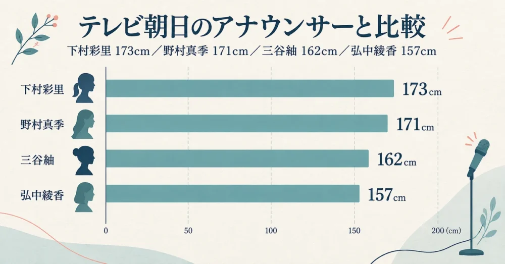 テレビ朝日の女性アナの身長を並べた比較図