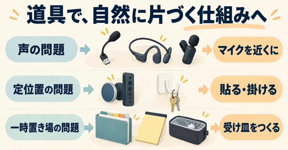 声と収納の問題を道具で解決する対応図