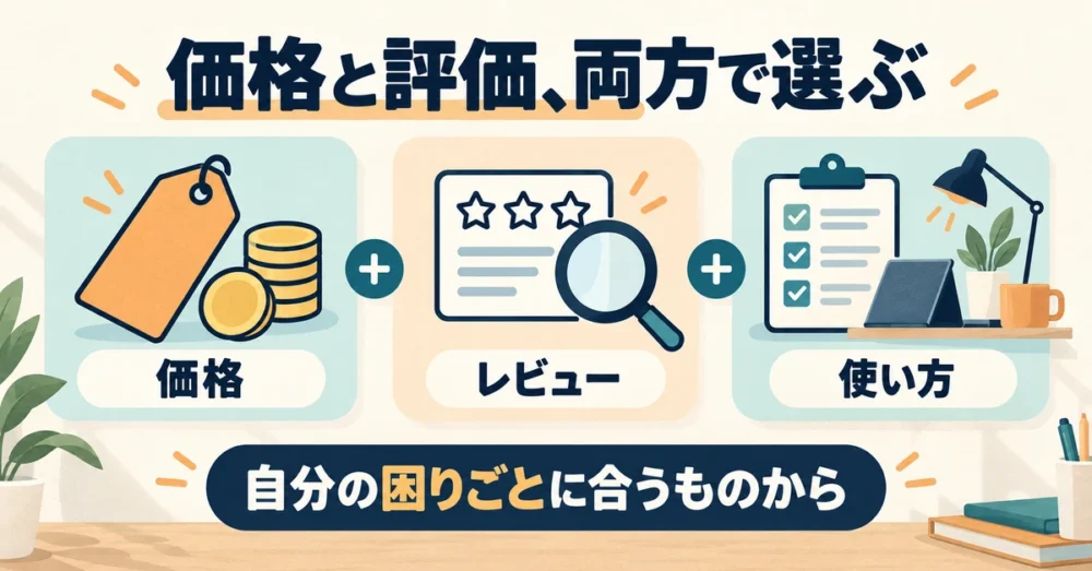 価格とレビューと使い方で道具を選ぶ図