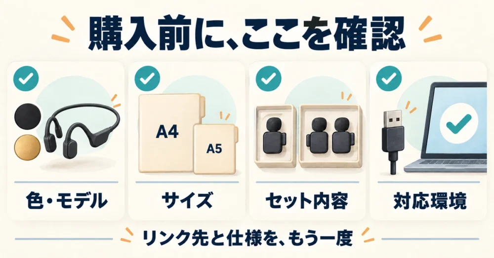 購入前に色やサイズなどを確認する図