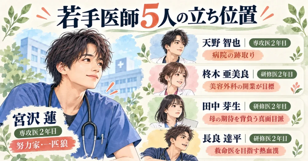 宮沢蓮と若手医師5人の立場の比較図