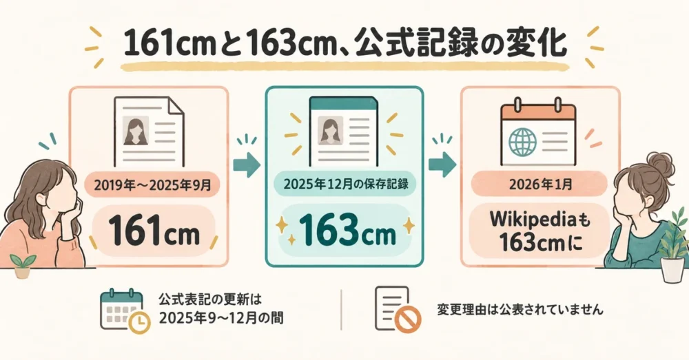 旧公式161cmから現在163cmへの更新時期を示す年表