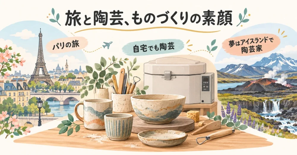 陶芸の器と小型電気窯、パリとアイスランドを描いた図