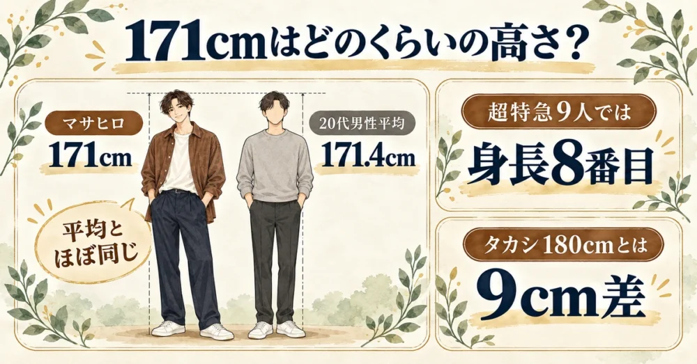 森次政裕171cmと20代男性平均・超特急9人の比較
