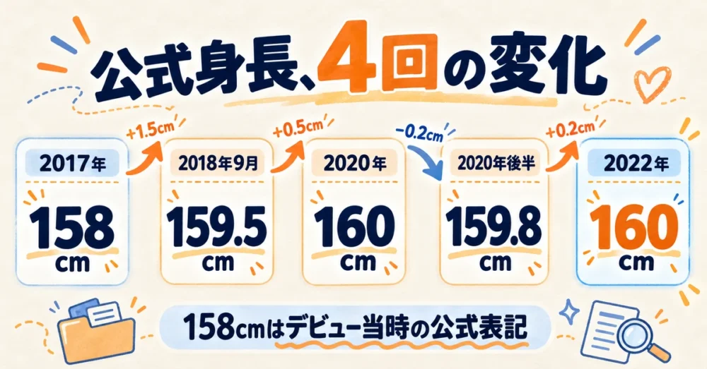 公式身長が158cmから160cmまで4回変わった年表