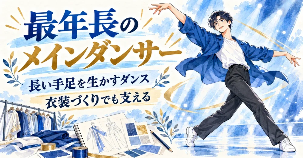 最年長のメインダンサーと衣装制作を表すイラスト