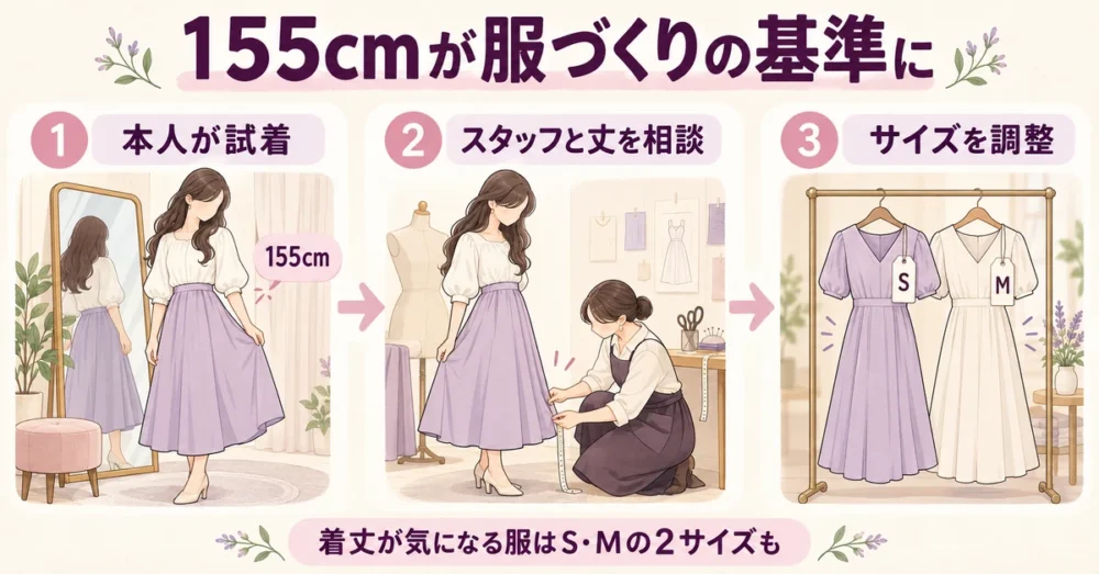 自分のブランドの服を155cmで試着して丈を決める流れ