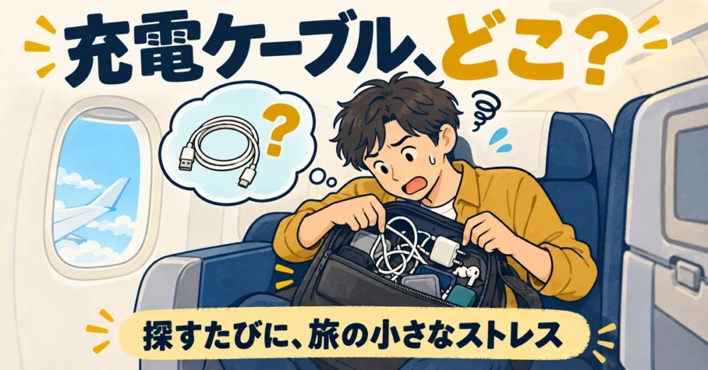 機内の座席でリュックからケーブルを探す場面