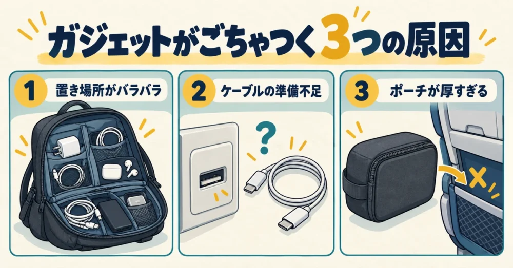 機内でガジェットが散らかる3つの原因の図解