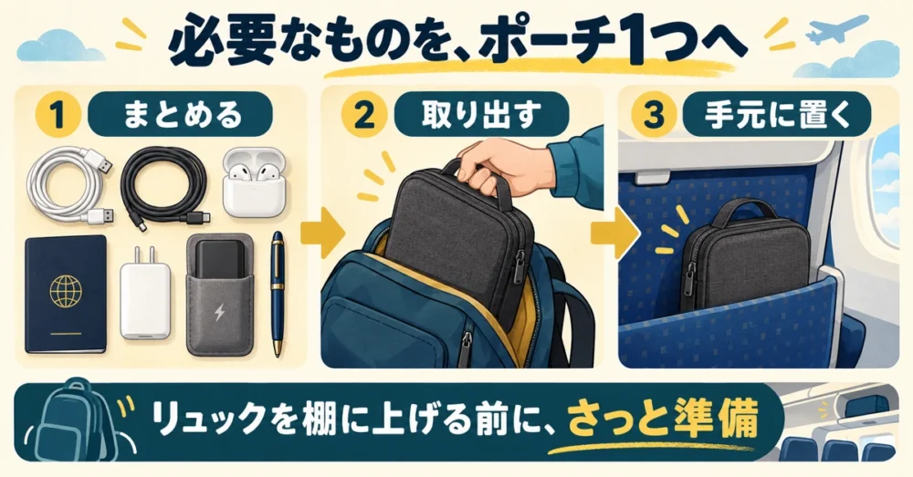 ポーチ1つにまとめて座席ポケットへ入れる流れ
